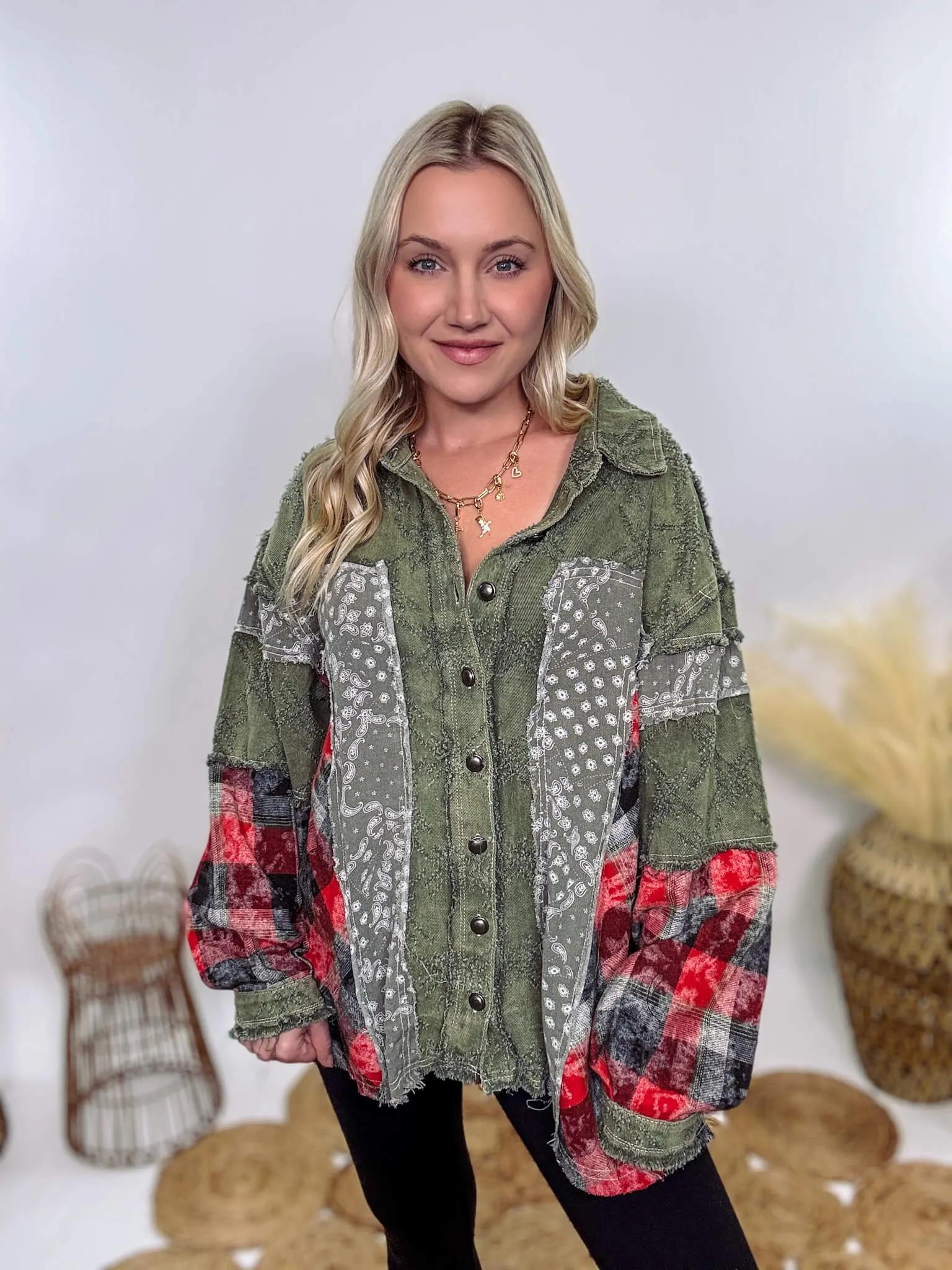 Oversized Olive Green Patchwork Paisley and Red Plaid Jacket by POL