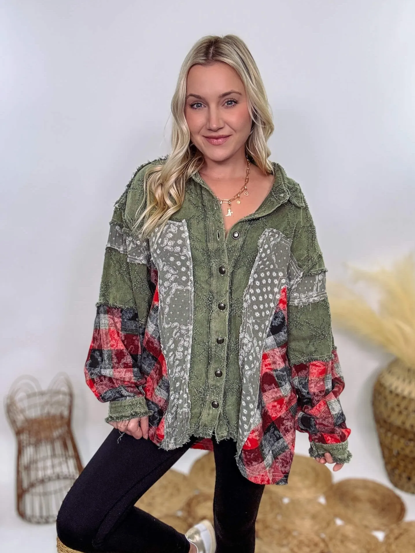 Oversized Olive Green Patchwork Paisley and Red Plaid Jacket by POL