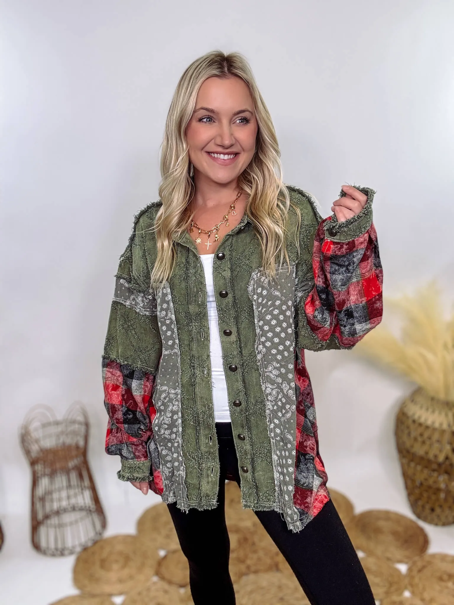Oversized Olive Green Patchwork Paisley and Red Plaid Jacket by POL