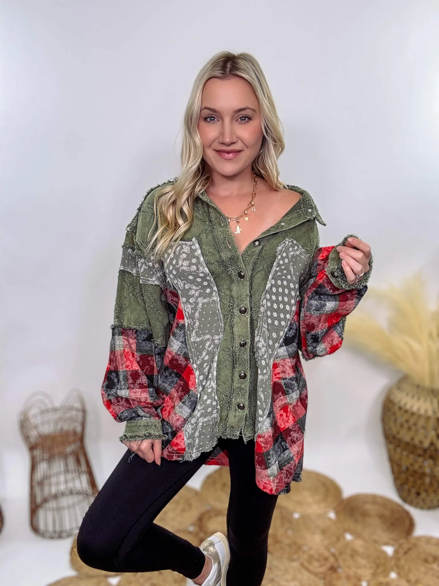 Oversized Olive Green Patchwork Paisley and Red Plaid Jacket by POL