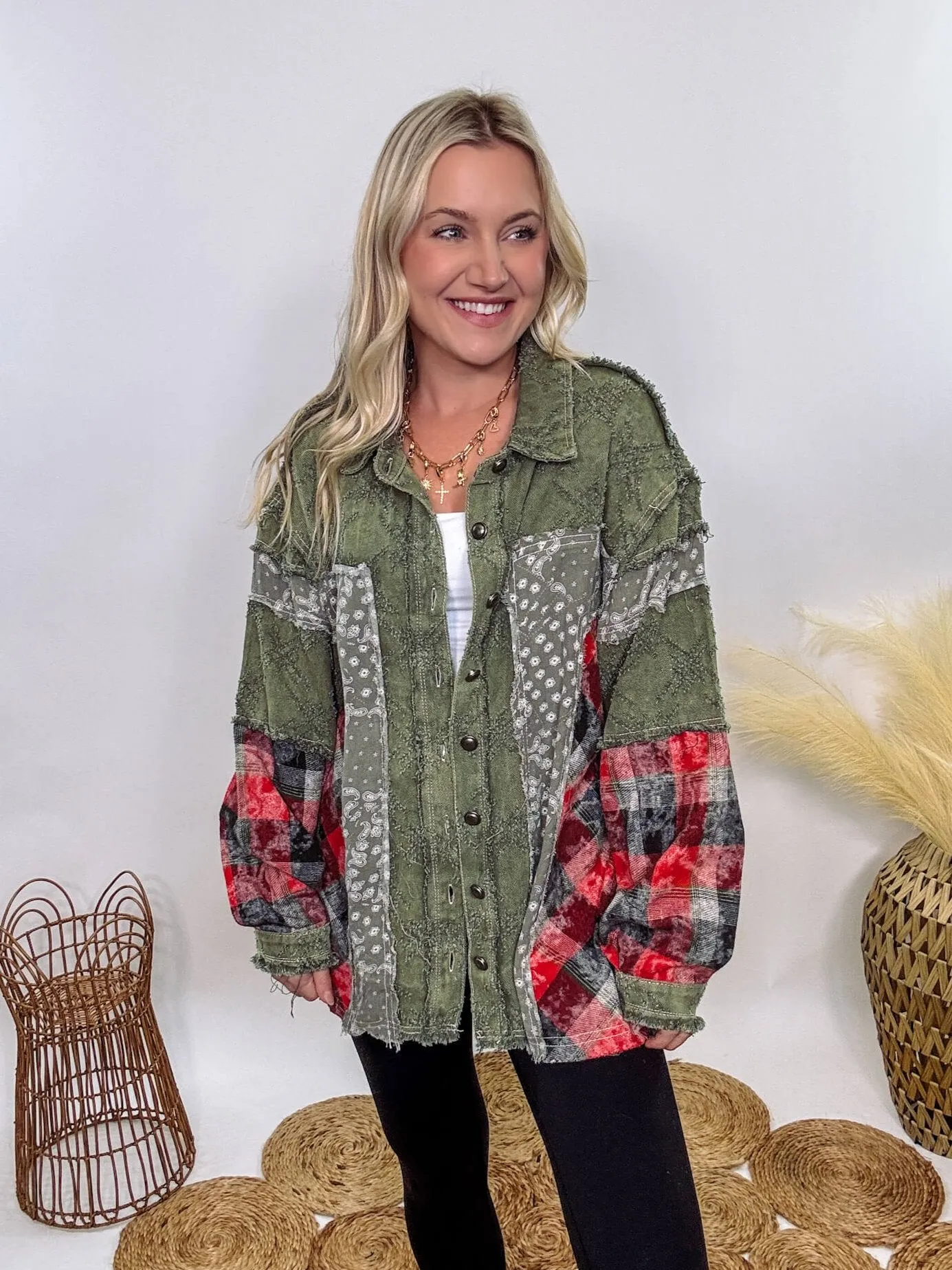 Oversized Olive Green Patchwork Paisley and Red Plaid Jacket by POL