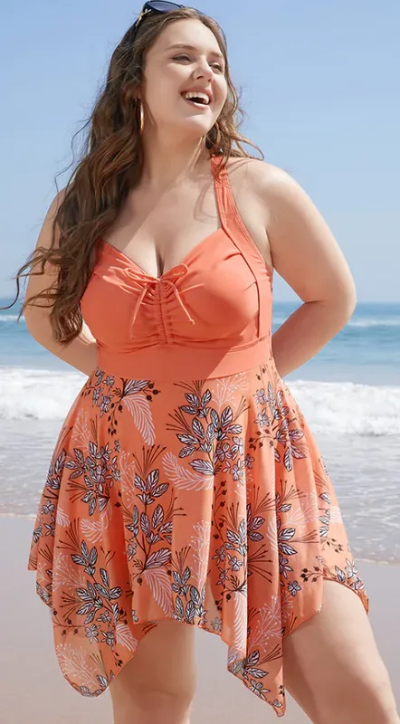 Plus Size Women's Tropical Plant Printed Cami Swimwear Orange