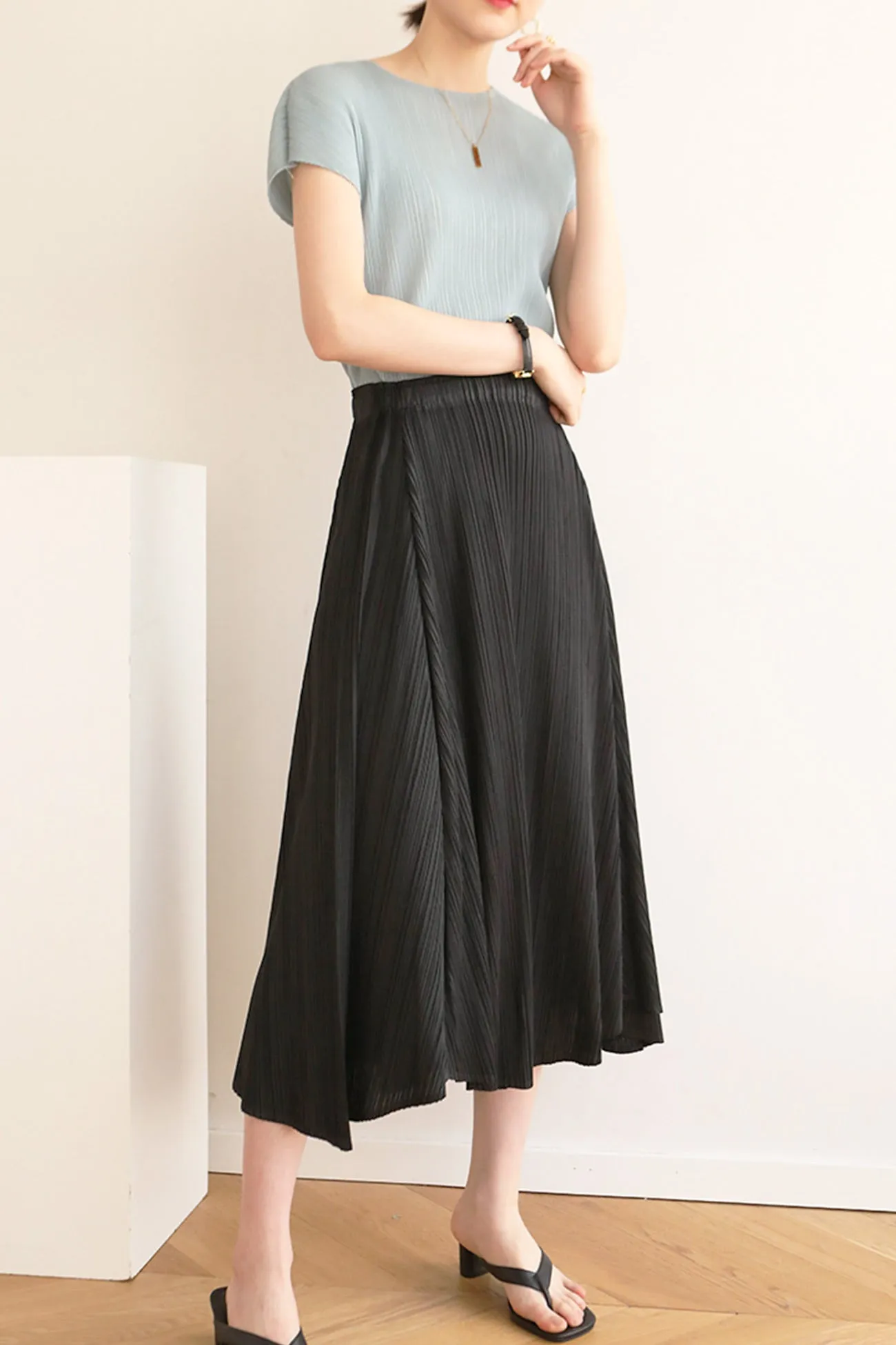 TastyHottie - Solid Color Full Pleated High Waist Skirt