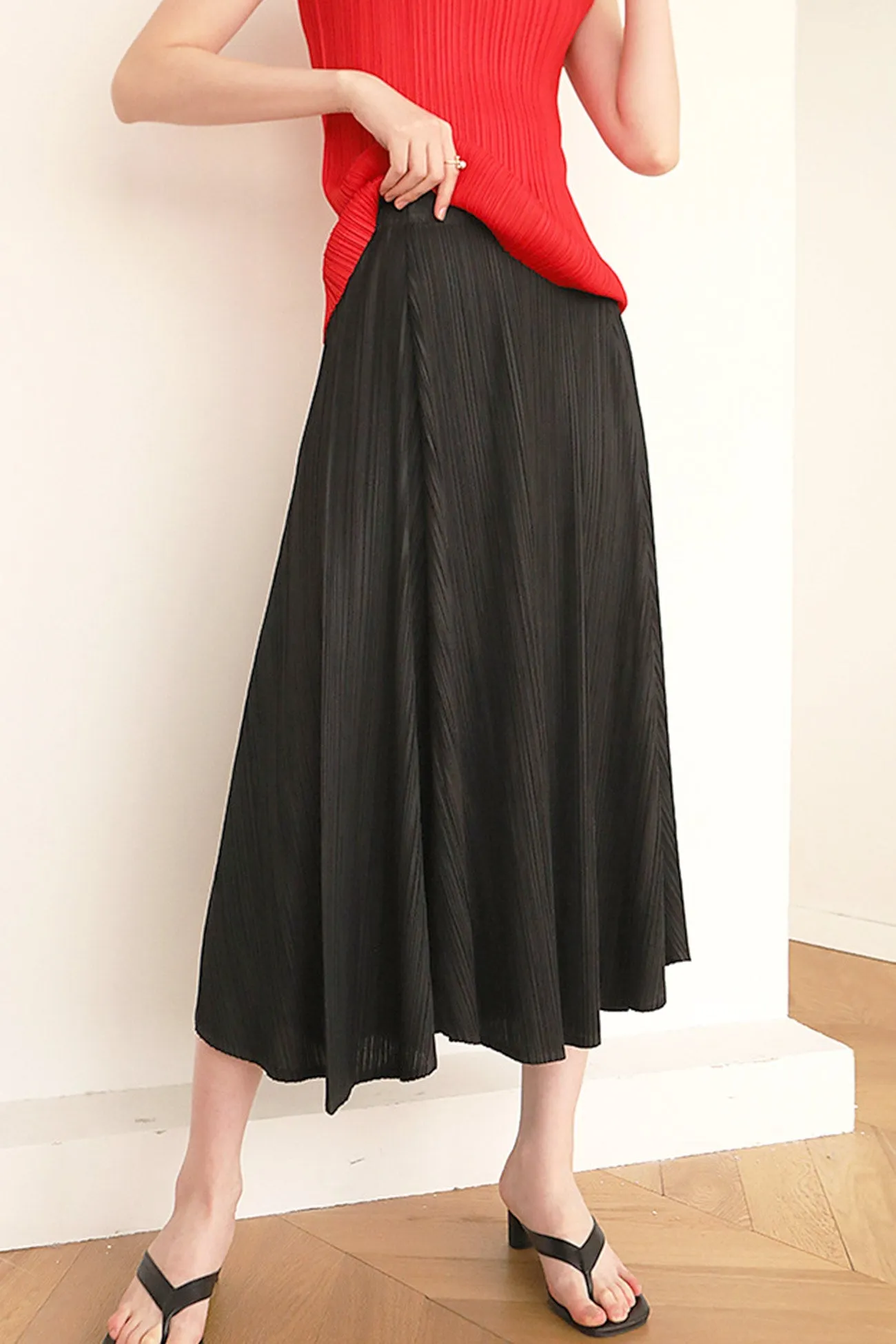 TastyHottie - Solid Color Full Pleated High Waist Skirt