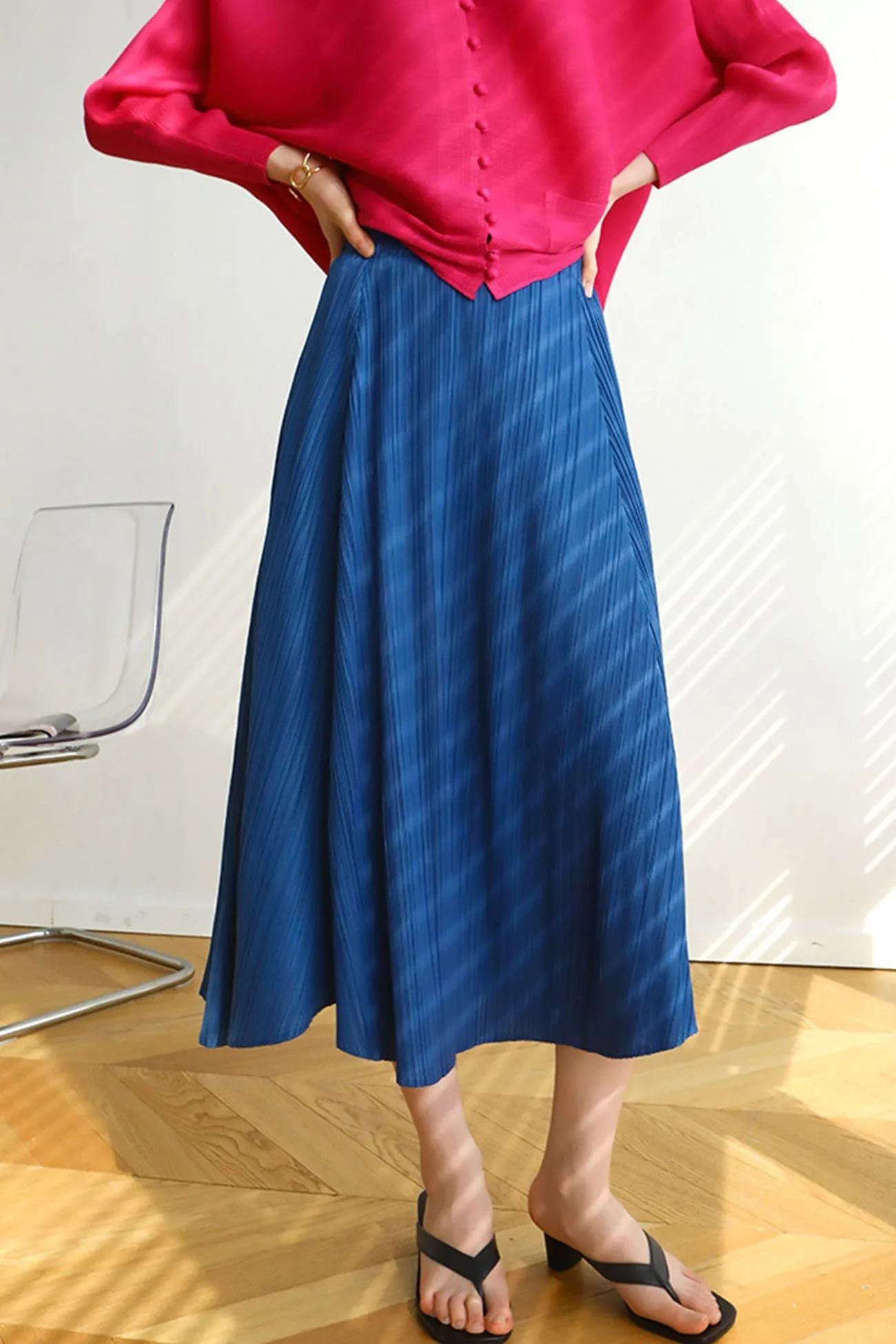 TastyHottie - Solid Color Full Pleated High Waist Skirt