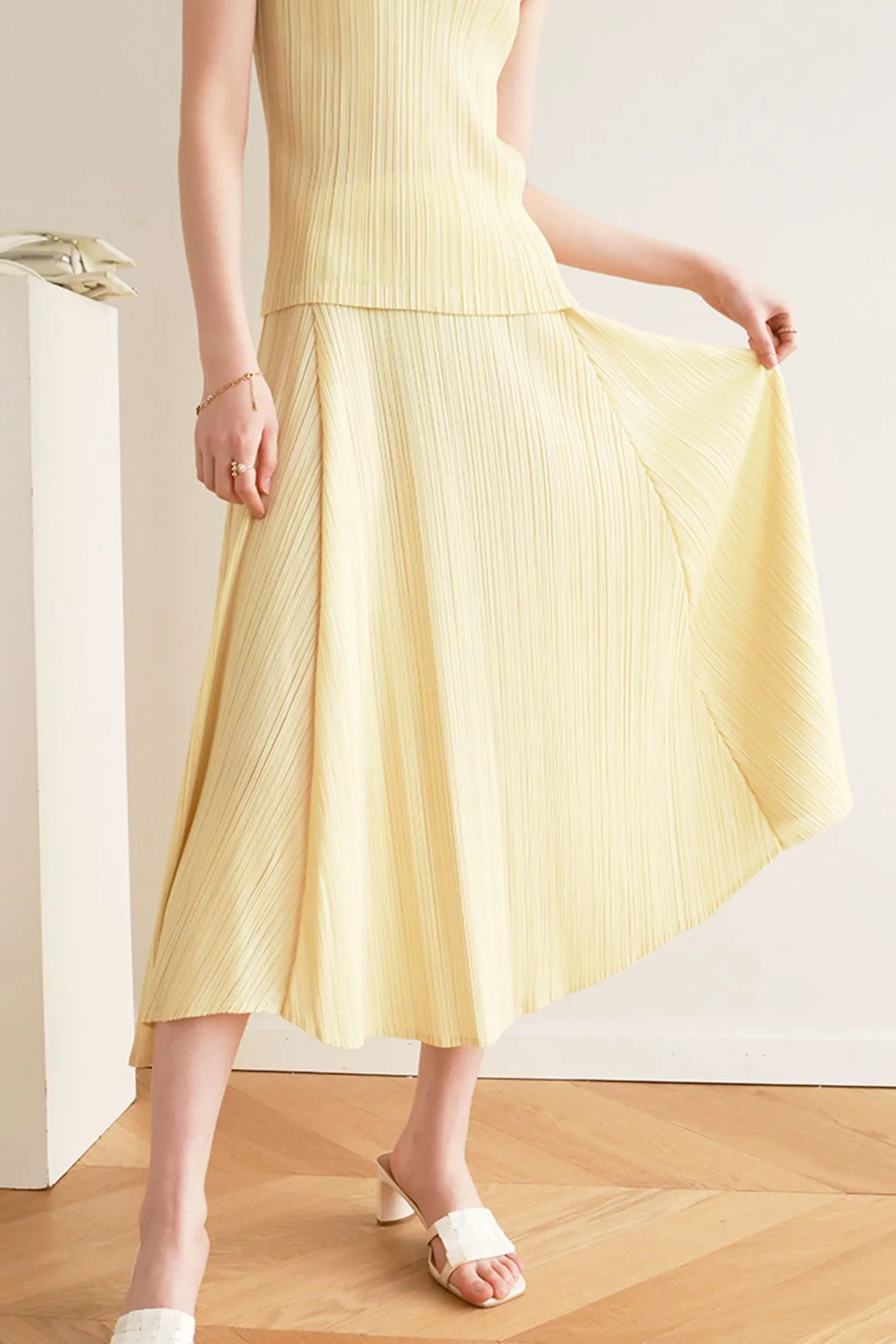 TastyHottie - Solid Color Full Pleated High Waist Skirt