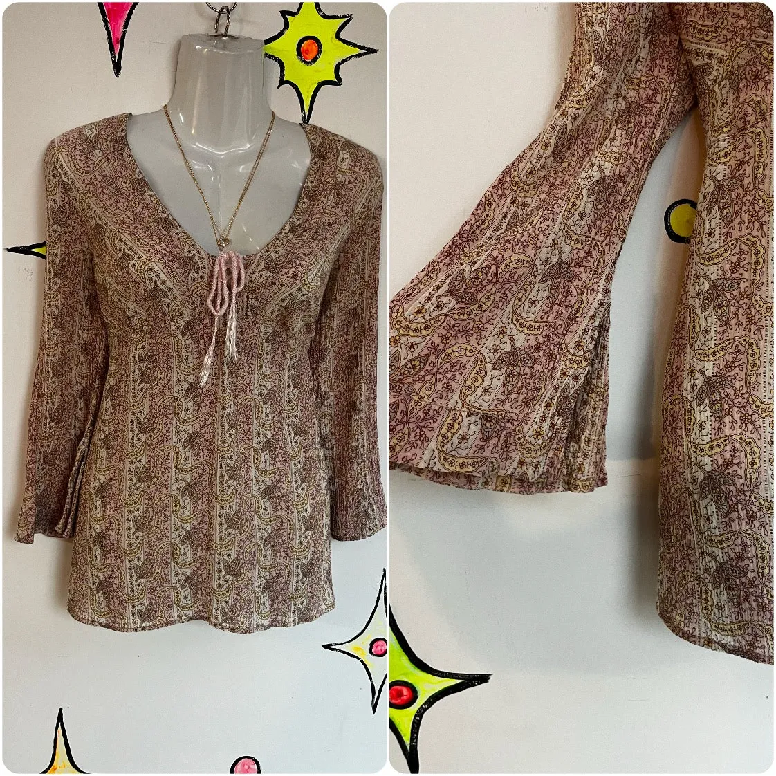 Vintage 70 | Pink Paisley Gauzy Fairy Grunge Boho Bell Sleeve Blouse Top | Small