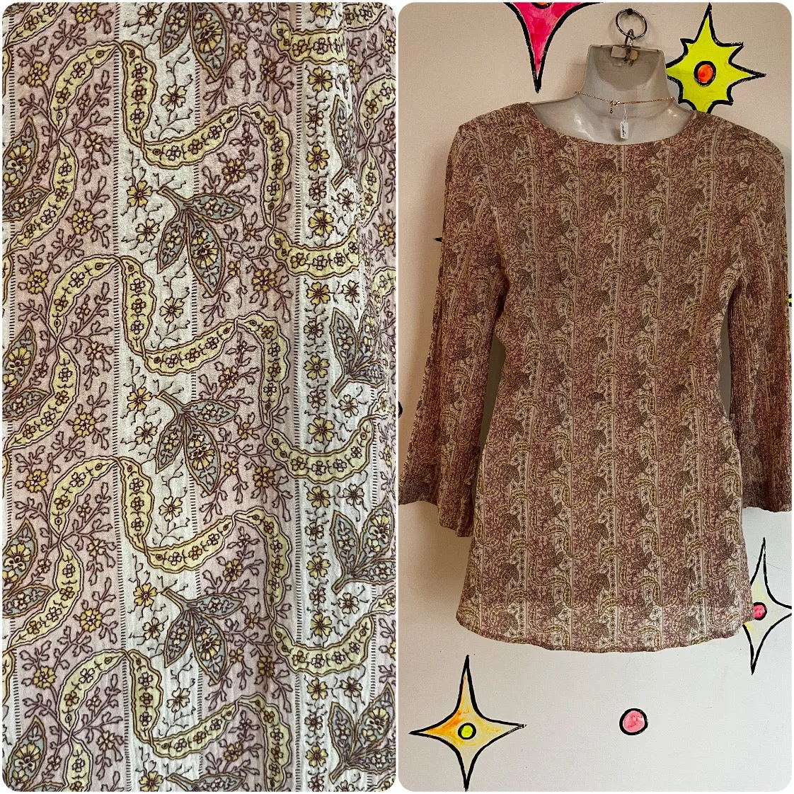 Vintage 70 | Pink Paisley Gauzy Fairy Grunge Boho Bell Sleeve Blouse Top | Small
